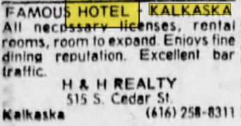 Hotel Kalkaska (Hotel Sieting) - July 1978 For Sale (newer photo)